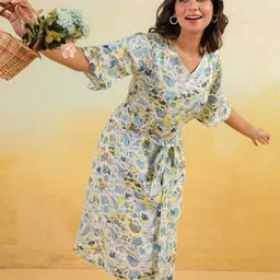 Janasya Women Cotton Floral Print Flared Sleeve Midi Dress-image-33