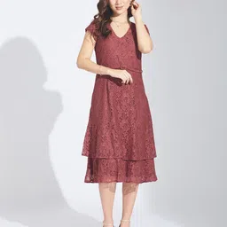 Latin Quarters Women Floral Self Design V-Neck Layered A-Line Midi Dress-68
