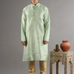 Exotic India Geometric Woven Design Mandarin Collar Straight Kurta With Trouser-image-36