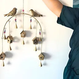 JASMEY HOMES Beige Bird & Hut Wall Hanging Decor With Bells-16
