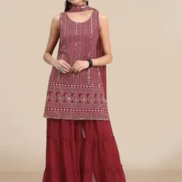PARROT CREATION Geometric Embroidered Georgette Straight Kurti With Sharara & Dupatta-47