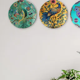 THE QUIRKY HOME Set Of 3 Green & Yellow Printed Ceramic Wall Plates-10