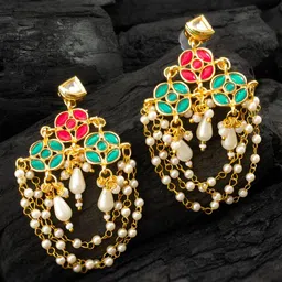 aadita Gold Plated Kundan and Pearl Geometric Drop Earrings-picture-3