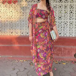 LABEL KANUPRIYA Floral Printed Shoulder Straps Top With Skirt & Jacket-image-52