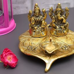 Ascension Gold-Toned Leaf Laxmi Ganesha Religious Idol Showpiece-12