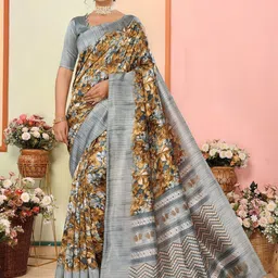Lookmark Floral Printed Art Silk Saree With Unstitched Blouse-image-82