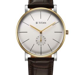 Titan Elegance Quartz White Round Dial Leather Men's Watch - 90203BL01-46