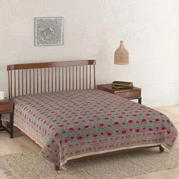 Fabindia Kamal Teal & Red Floral Printed Cotton Single Bed Cover-image-69