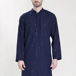 DIVISIVE Men Geometric Woven Design Chikankari Mandarin Collar Cotton Straight Kurta-picture-31