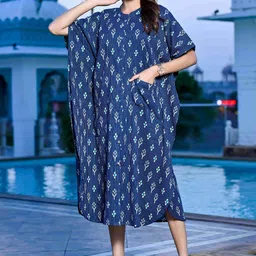 MissKurti Women Ethnic Motifs Printed Kimono Sleeves Cotton Kaftan Midi Dress-image-59