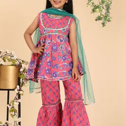 Cutiekins Girls Floral Printed Empire Gotta Patti Kurti with Sharara & With Dupatta-picture-33