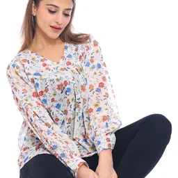 Moda Elementi Women Floral Printed V Neck Sheer Georgette Top-image-22