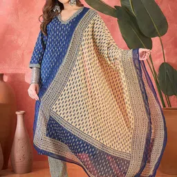 Sangria Floral Printed V Neck Pure Cotton Kurta With Trousers & Dupatta-picture-30