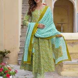 Jaitpuriya Ethnic Motifs Printed Pure Cotton Anarkali Kurta With Trousers And Dupatta-picture-11