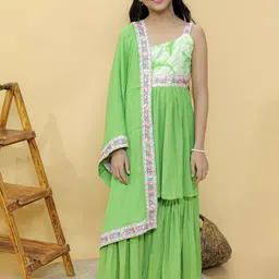 Kalp Girls Ethnic Motifs Embroidered Regular Thread Work Pure Cotton Kurta with Sharara & With Dupatta-picture-15