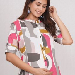 MomsBae Women Abstract Printed Mandarin Collar Pure Cotton Straight Maternity Kurta-image-73