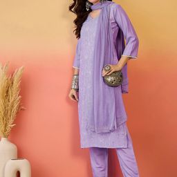 Sangria Printed With Mukaish Work Kurta With Trousers & Dupatta-33
