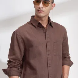 HIGHLANDER Men Comfort Relaxed Fit Textured Spread Collar Cotton Casual Shirt-image-70