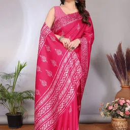 vj fashion Women Pink Geometric Printed Art Silk Khadi Saree With Blouse Piece-picture-34