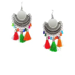 ZURIKRISHA German Silver-Plated Ghungroo Studded Cresent Shaped Tasselled Drop Earrings-picture-19
