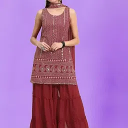 PARROT CREATION Women Embroidered Regular Sequinned Kurti with Sharara & With Dupatta-image-15