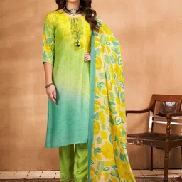 Anouk Floral Printed Tie-Up Neck Regular Thread Work Kurta With Trouser With Dupatta-7