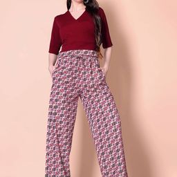 TYKUN Printed V Neck Top With Trousers Co-Ords Set-image-45