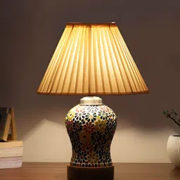 Devansh Off White Textured Frustum Shaped Wooden Table Lamp With Mosaic Glass Base image 3