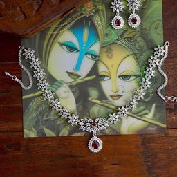 Gemron Jewel Rhodium Plated American Diamond Studded Necklace & Earrings Jewellery Set-image-14