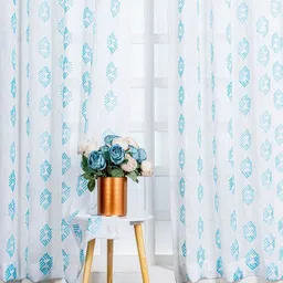 Parda Online Turquoise Blue & White 2 Pieces Geometric Printed Linen Door Curtain-image-50