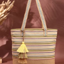 Anekaant Striped Self Design Shopper Tasselled Eco- friendly Jacquard Cotton Tote Bag-14