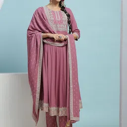 Khushal K Women Ethnic Motifs Embroidered Regular Thread Work Kurta with Palazzos & With Dupatta-1