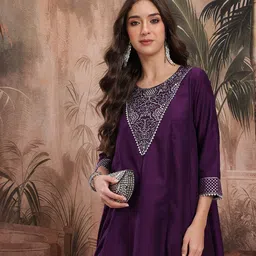 Sangria Ethnic Motifs Yoke Design Panelled-Style Gotta Patti A-Line Kurta with Trousers-picture-49