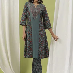 Nayam By Lakshita Floral Printed Thread Work Pure Cotton Kurta With Palazzos & Dupatta-picture-16