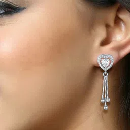 DIVASTRI Rhodium-Plated Cubic Zirconia Studded Heart Shaped Drop Earrings-4