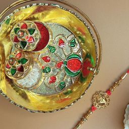 Anouk Beaded Rakhi With Pooja Thali & Roli Chawal & Greetings Card-image-67
