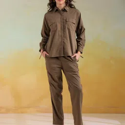SANSKRUTIHOMES Women Camel Brown Color Shirt Collar Solid Co-Ords Set-image-28
