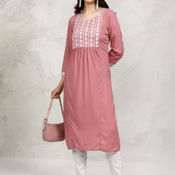 Vishudh Peach-Coloured Floral Embroidered Thread Work Round Neck Straight Kurta-21