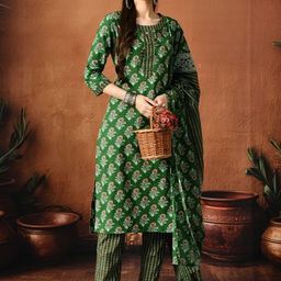 Anouk Rustic Floral Printed Round Neck Pure Cotton Kurta With Trousers & Dupatta-picture-2