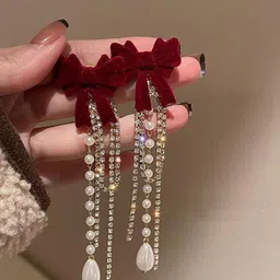 Celestique CZ Studded & Pearls Beaded Bow Shaped Korean Tasselled Drop Earrings-0