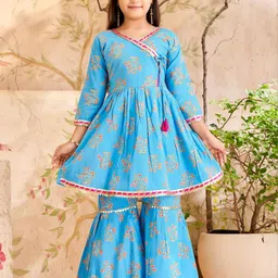 Muhuratam Girls Turquoise Blue Pure Cotton Kurta Sets-image-93