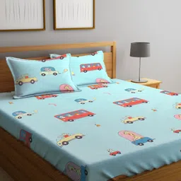 Myntra Elegant Homes Blue & Red Bus Printed 300 TC King Bedsheet Set 2.5 m x 2.25 m-2