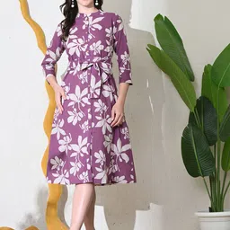 DECKEDUP Women Floral Print Mandarin Collar Shirt Midi Cotton Dress Comes with a belt-image-93