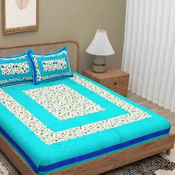 Lali Prints Blue & White Floral 180 TC Queen Bedsheet with 2 Pillow Covers-image-83