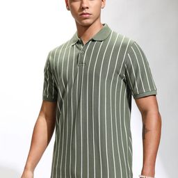 HIGHLANDER Men Striped Polo Collar Cotton Relaxed Fit T-shirt-image-59