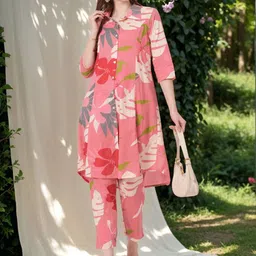 FASHOR Floral Printed Cotton A-Line Panelled Tunic With Trousers Co-Ords-image-74