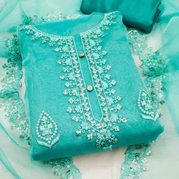DIVASTRI Floral Embroidered Sequinned Organza Silk Unstitched Dress Material-image-4