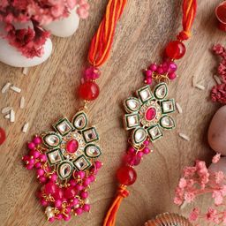 Kamule Meenakari Kundan Stones Bhaiya Bhabhi Rakhi Set - Pink-image-70