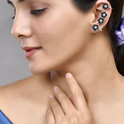 Silvermerc Designs Silver-Plated Oxidised Stone Studded Ear Cuff Earrings-image-90