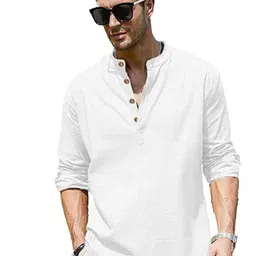 EdinWolf Band Collar Roll-Up Sleeves Cotton Curved Kurta-image-69